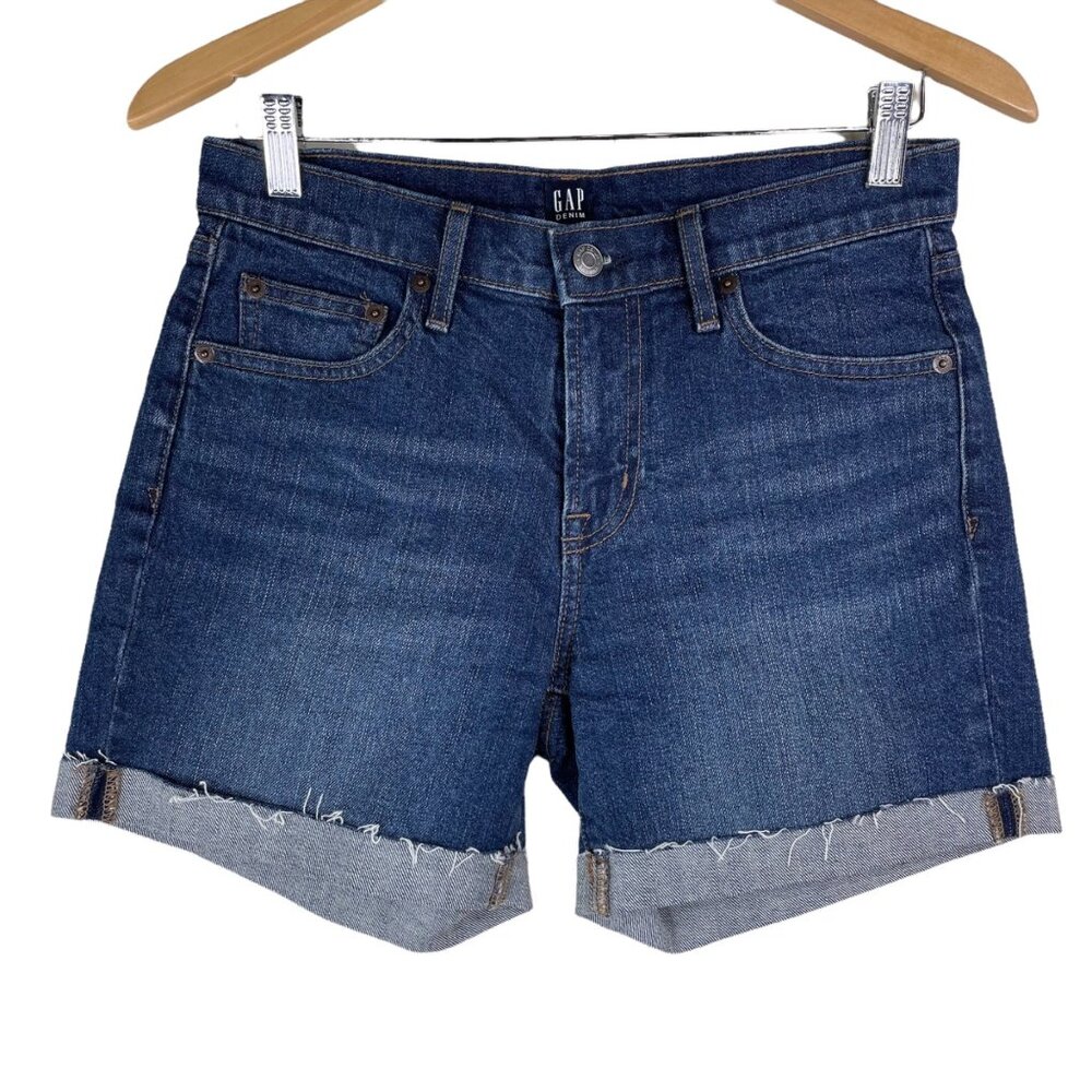 GAP Cuffed Denim Jean Shorts Womens 26 Blue Dark Wash Cotton Blend Whiskered